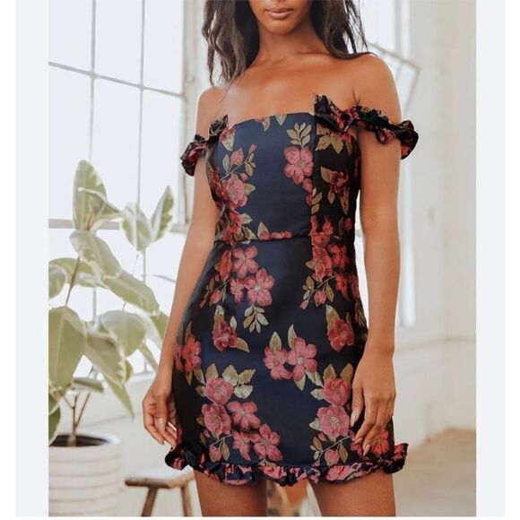 LULU’S | NEW Pop the Bottle Navy Blue Floral Jacquard Mini Dress Women’s Size M - Picture 1 of 12